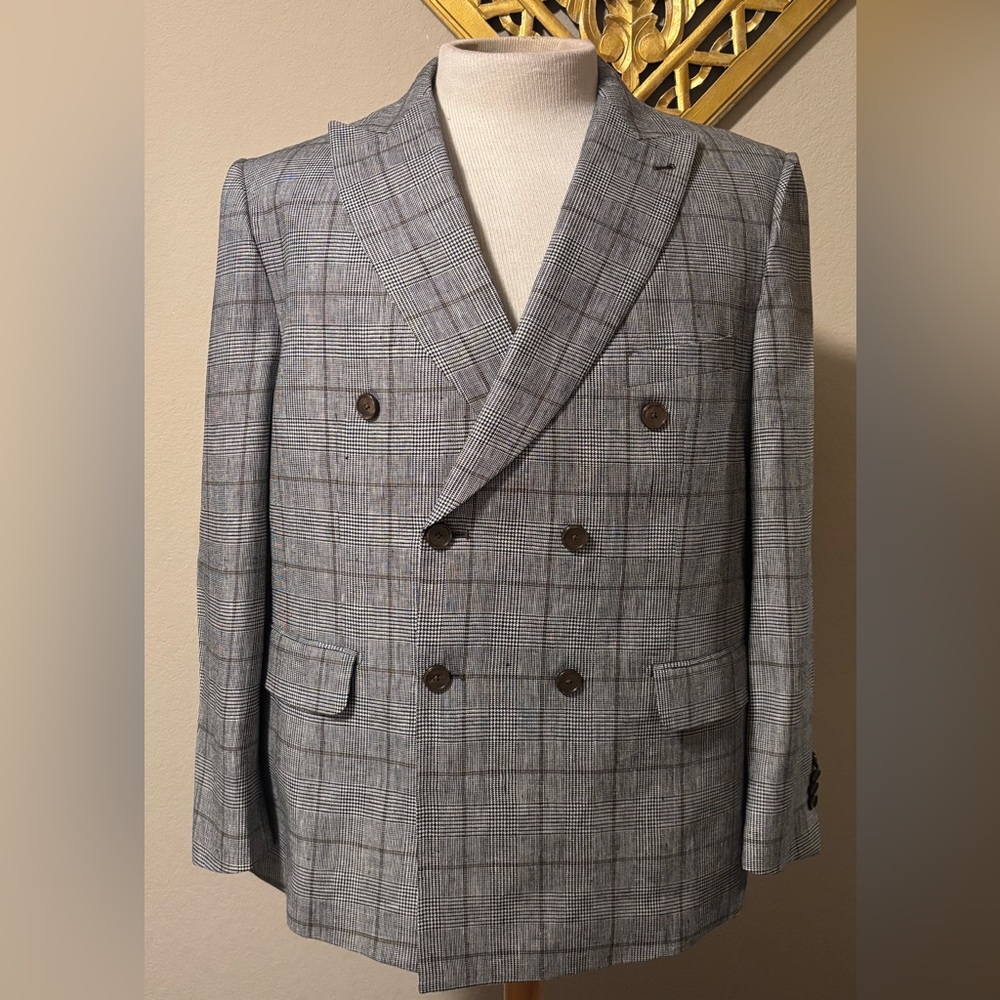 Paul Fredrick Gray Plaid Double-Breasted Blazer